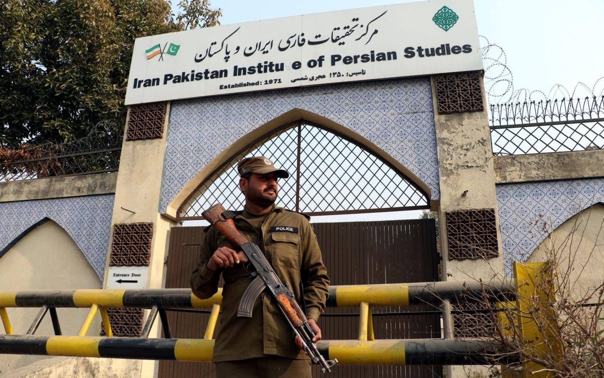 A Pakistani security official stands guard outside the Iranian cultural center, in Rawalpindi, Pakistan, 19 January 2024. Iran claimed to have targeted the Baloch separatist and Sunni militant group Jaish ul-Adl in an aerial and drone attack on 16 January 2024 in Pakistan's Balochistan province. On 18 January 2024, the Pakistani Foreign Ministry stated that the Pakistani military conducted a series of highly coordinated and precisely targeted strikes against terrorist hideouts in the Iranian province of Sistan and Baluchestan, as a demonstration of its determination to protect and defend its national security. Security at Iranian cultural center following cross-border missile strikes, in Rawalpindi, Pakistan - 19 Jan 2024