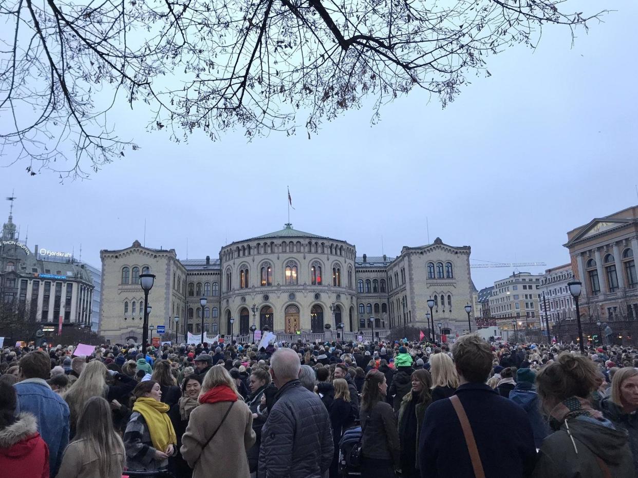 Protesters outside the Norwgian capital's Storting parliament building joined others around the country opposing any more abortion restrictions: Women's March Norway