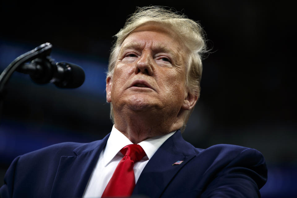 President Donald Trump speaks at a campaign rally at the Target Center, Thursday, Oct. 10, 2019, in Minneapolis. (AP Photo/Evan Vucci)