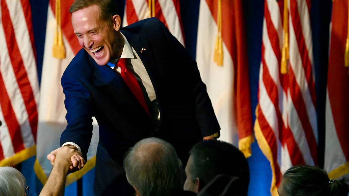 Rep. Ted Budd shakes hands with supporters following his victory over Cheri Beasley in the race for the U.S. Senate. Budd spoke with supporters in Winston-Salem, NC on Tuesday, November 8, 2022.