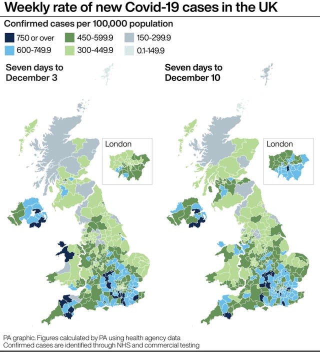 Weekly rate of Covid-19 cases in the UK