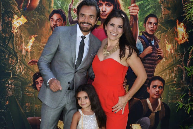 Eugenio Derbez, shown with his wife, Alessandra Rosaldo, and daughter Aitana, still wants to voice Speedy Gonzales. File Photo by Jim Ruymen/UPI