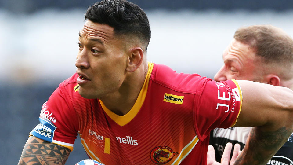 Israel Folau, pictured playing for Catalans Dragons, caught a short kick-off in the dying minutes to set up a match-winning try.