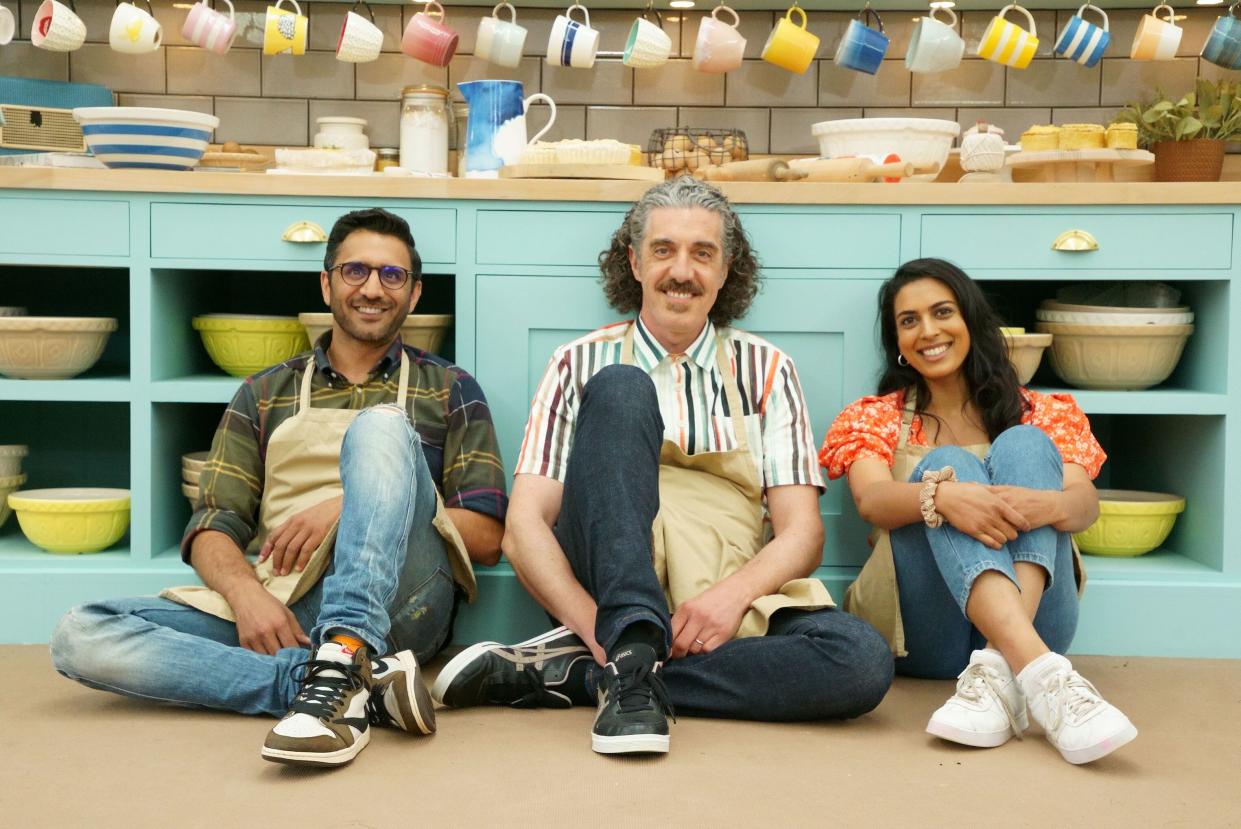 Great British Bake Off S5 FINAL.  Chigs, Giuseppe and Crystelle posing inside the tent.