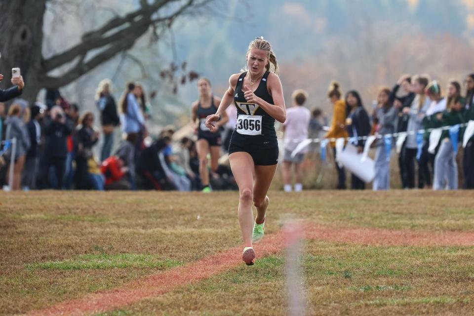 Katrina Endres of Tatnall finishes the girls division II race at the DIAA Cross Country Championships Saturday, Nov. 11, 2023; at Brandywine Creek State Park in Wilmington, DE.