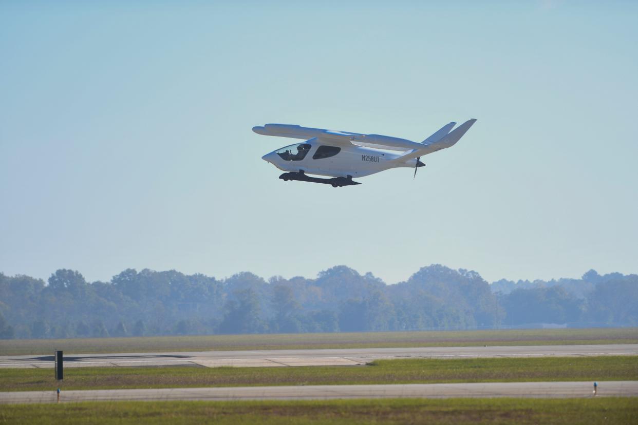 The ALIA electric aircraft takes off from Augusta Regional Airport during a BETA Technologies flight demonstration on Tuesday, Oct. 24, 2023. ALIA is on a 1,500 miles flight, with a final destination of Florida.