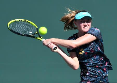 Mar 12, 2018; Indian Wells, CA, USA; Aliaksandra Sasnovich (BLR) during her third round match against Caroline Wozniacki (not pictured) in the BNP Paribas Open at the Indian Wells Tennis Garden. Mandatory Credit: Jayne Kamin-Oncea-USA TODAY Sports