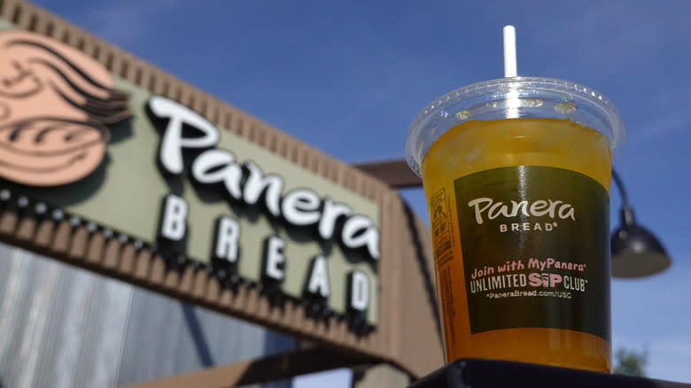 Panera sign and iced beverage