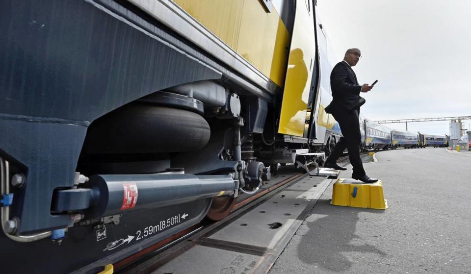 Amtrak showed off its new Venture passenger coaches which have extra shock absorbers on the wheels to reduce vibration for its San Joaquins line. Photographed at the ACE Rail Maintenance Facility in Stockton, Calif., Tuesday, March 5, 2024.