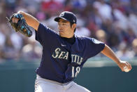 Seattle Mariners starting pitcher Yusei Kikuchi delivers in the second inning of a baseball game against the Cleveland Indians, Saturday, June 12, 2021, in Cleveland. (AP Photo/Tony Dejak)