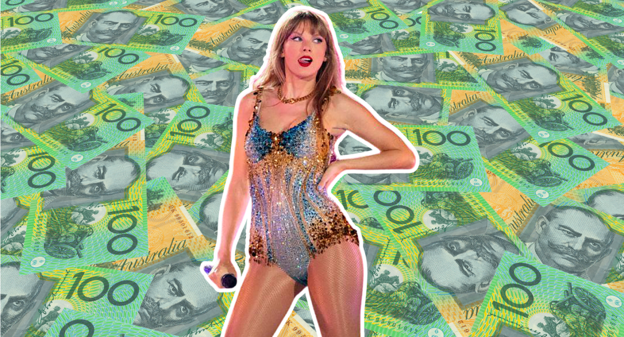 Image of Australian money and Taylor Swift performing.