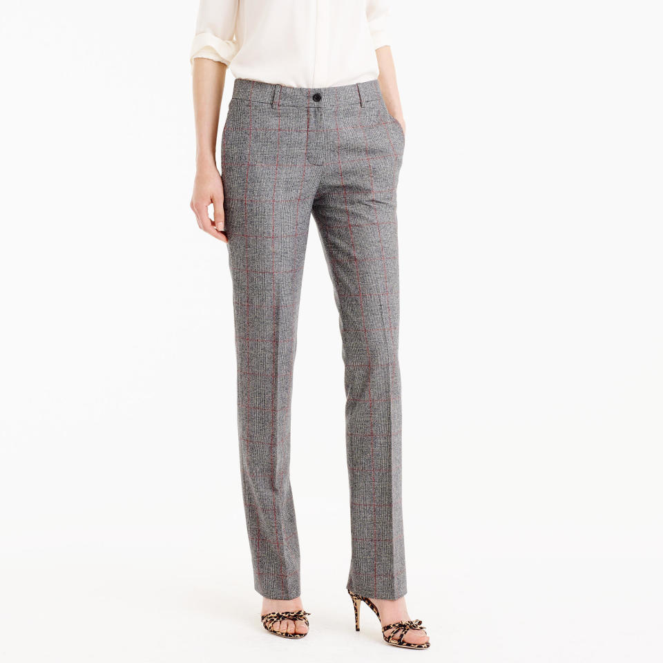 Get the <a href="https://www.jcrew.com/p/womens_special_shops/weartoworkshop/pants/collection-regent-pant-in-english-glen-plaid-wool/F4759?srcCode=GGBS00006_99104380341_199017198_15910962198_77446556648_c_pla_pla-77446556648_9004341&amp;sale=true&amp;isSaleItem=true&amp;sisearchengine=197&amp;siproduct=F4759&amp;noPopUp=true&amp;source=googlePLA&amp;lsft=srcCode:GGBS00006_99104380341_199017198_15910962198_77446556648_c_pla_online__9004341&amp;gclid=EAIaIQobChMI5sKA9LSO1gIVXUwNCh1crQa0EAQYAyABEgJKb_D_BwE" target="_blank">J. Crew Collection Regent pant</a>, now $159.99