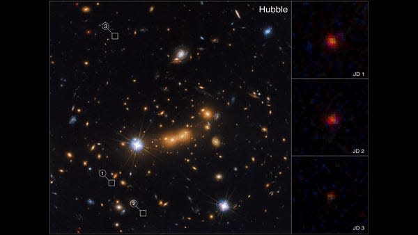 gif compares hubble and jwst images of the same galaxy cluster highlighting new galaxies behind it