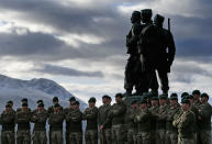 <p>Serving servicemen and veterans gather at Commando Memorial, Spean Bridge where they observed a two minute silence as a mark of respect for the war dead on Nov. 11, 2017 in Spean Bridge, Scotland. (Photo: Jeff J Mitchell/Getty Images) </p>