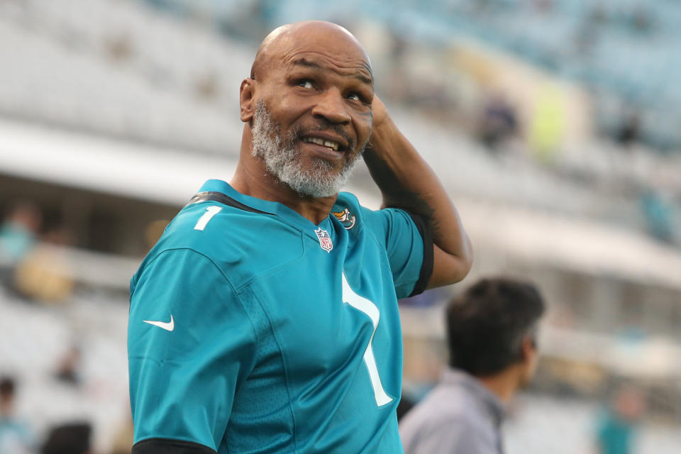 JACKSONVILLE, FL - SEPTEMBER 19: Former boxing champion Mike Tyson looks on during the game between the Tennessee Titans and the Jacksonville Jaguars on September 19, 2019 at TIAA Bank Field in Jacksonville, Fl.(Photo by David Rosenblum/Icon Sportswire via Getty Images)