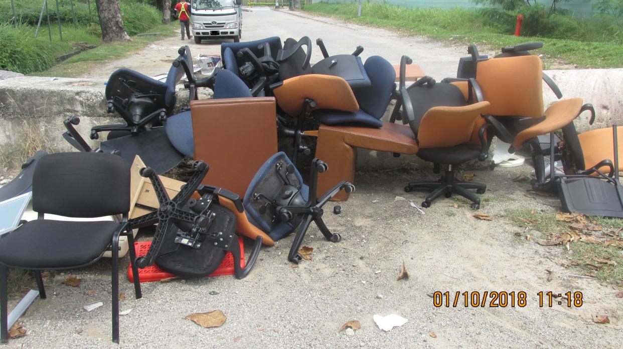 The illegally dumped furniture spotted along Jalan Terusan by NEA officers. (PHOTO: National Environment Agency)