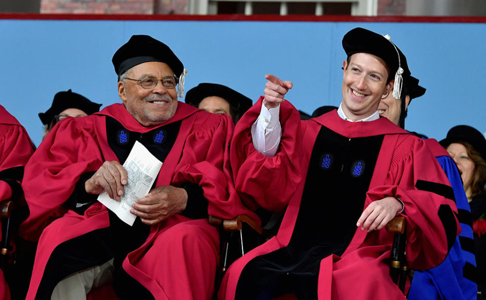 <p>Actor James Earl Jones and Facebook founder and CEO Mark Zuckerberg sat next to each other while receiving honorary degress from Harvard University at its 2017 commencement ceremony. Though Zuckerberg did study computer science at the Ivy League school, he dropped out to focus on Facebook. Looks like he made the right decision. (Photo: Paul Marotta/Getty Images) </p>