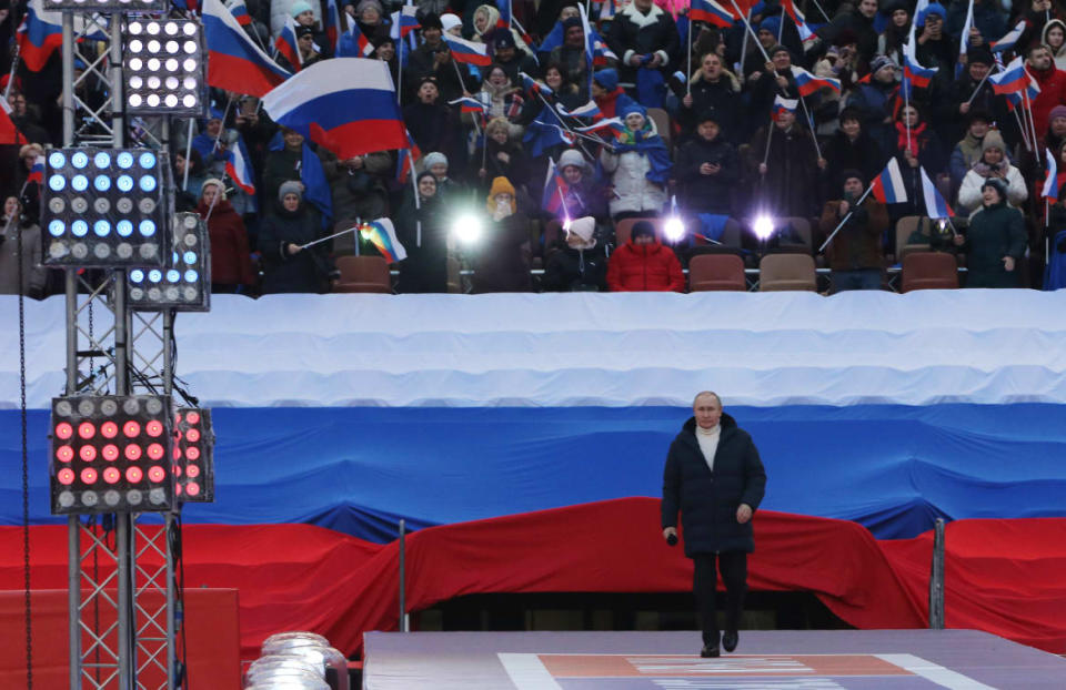 <div class="inline-image__caption"><p>Russian President Vladimir Putin speaks during a concert marking the anniversary of the annexation of Crimea, on March 18, 2022 in Moscow, Russia. </p></div> <div class="inline-image__credit">Getty</div>