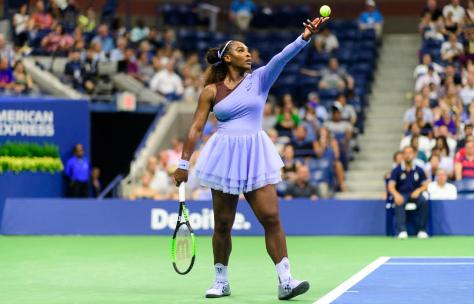 Serena Williams in action against Carina Witthöft of Germany while wearing a tennis outfit designed by Virgil Abloh in conjunction with Nike, in the second round of the U.S. Open on Aug. 29. (Photo: TPN/Getty Images)