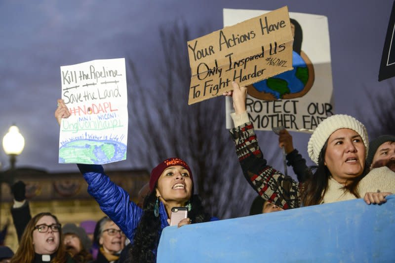 Demonstrators participate in a protest organized by Indigenous Environmental Network, 350.org, Sierra Club, and CREDO Mobile after President Trump announced orders to advance the Keystone XL and Dakota Access pipelines on January 24, 2017. On May 28, 1892, the Sierra Club was founded by naturalist John Muir. File Photo by Leigh Vogel/UPI