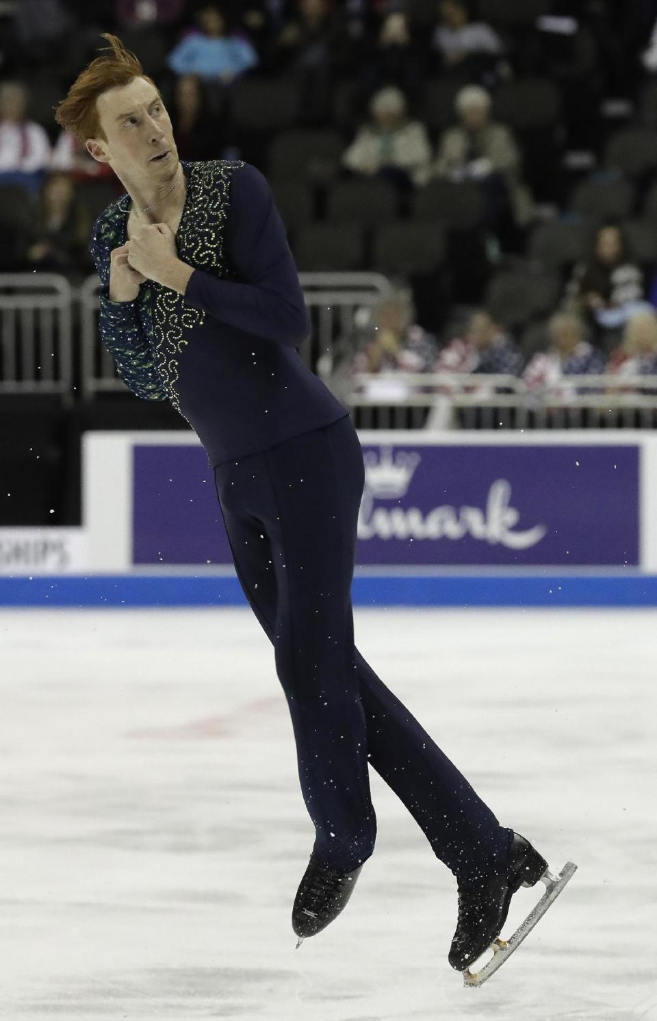 Sean Rabbitt performs during the men's free skate competition at the U.S. Figure Skating Championships, Sunday, Jan. 22, 2017, in Kansas City, Mo. (AP Photo/Charlie Riedel)