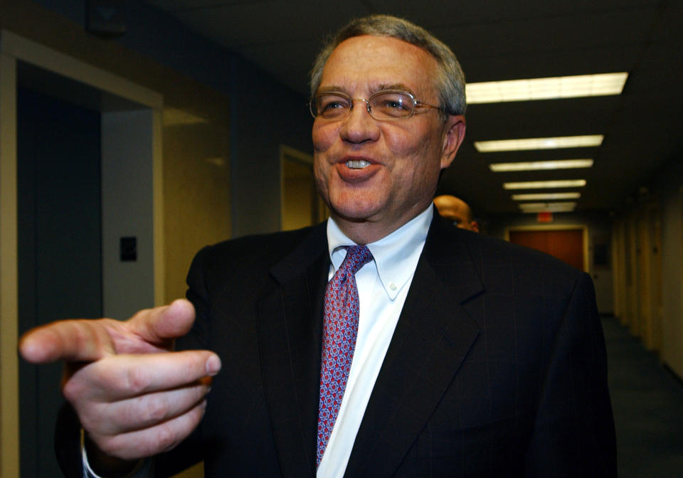 FILE - In this March 31, 2003 file photo, Leo Hindrey Jr., chairman and CEO of the YES Network speaks after a media conference in New York. Members of the economic elite are looking for ways to reduce the nation's growing income inequality for a variety of reasons, from self-interest to pangs of conscience. Hindery, who wrote a book that attempts to use CEO know-how to resolve U.S. policy problems, advocates for progressive mainstays, including stronger labor protections, fewer tax loopholes and more transparency in political spending. (AP Photo/Louis Lanzano, File)