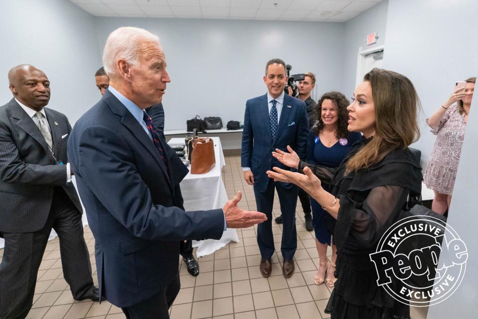 <a href="https://people.com/tag/alyssa-milano/" rel="nofollow noopener" target="_blank" data-ylk="slk:Alyssa Milano;elm:context_link;itc:0;sec:content-canvas" class="link ">Alyssa Milano</a> greets Biden after he comes off stage after speaking at the DNC I Will Vote Gala on June 6, 2019, in Atlanta.
