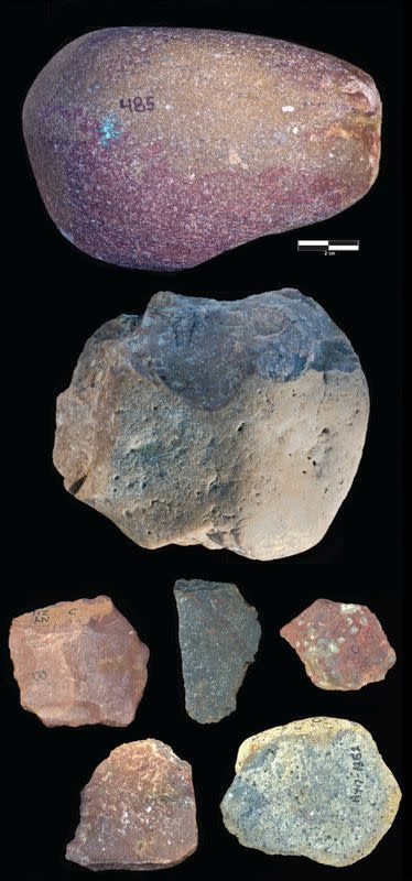 An undated handout image shows Examples of an Oldowan percussive tool, core and flakes dating from roughly 2.9 million years ago and found at the Nyayanga site in Kenya
