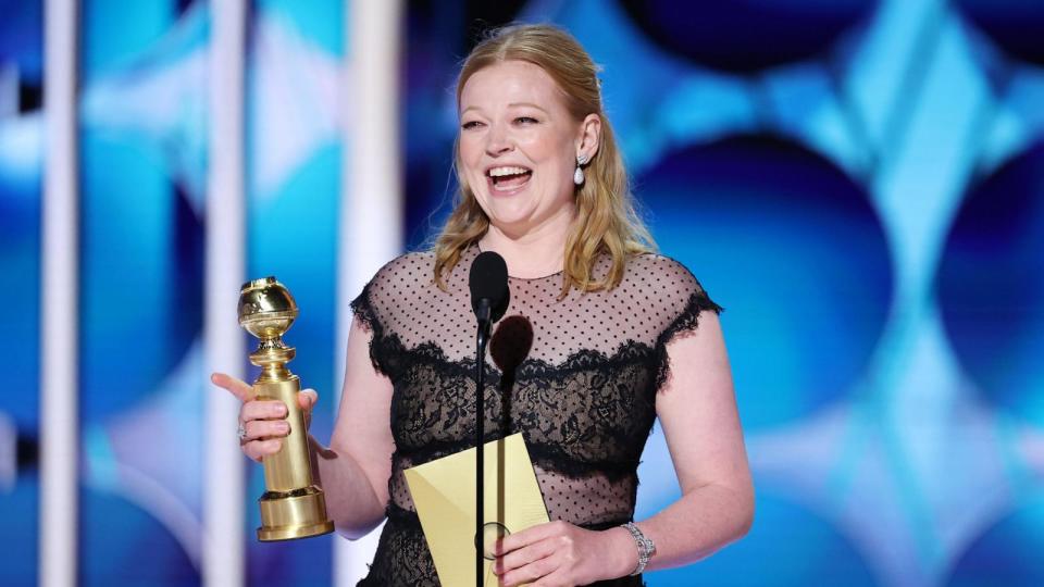 PHOTO: Sarah Snook accepts the award for Best Performance by a Female Actress in a Television Series  Drama for 'Succession' at the 81st Golden Globe Awards held at the Beverly Hilton Hotel on Jan.7, 2024 in Beverly Hills. (Rich Polk/Getty Images)