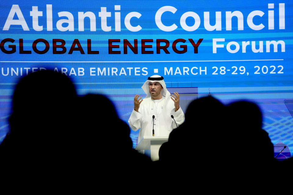 Sultan Ahmed al-Jaber, the Emirati Minister of State and the CEO of Abu Dhabi's state-run Abu Dhabi National Oil Co., speaks during the Atlantic Council's Global Energy Forum at the Dubai Expo 2020, in Dubai, United Arab Emirates, Monday, March 28, 2022. (AP Photo/Ebrahim Noroozi)