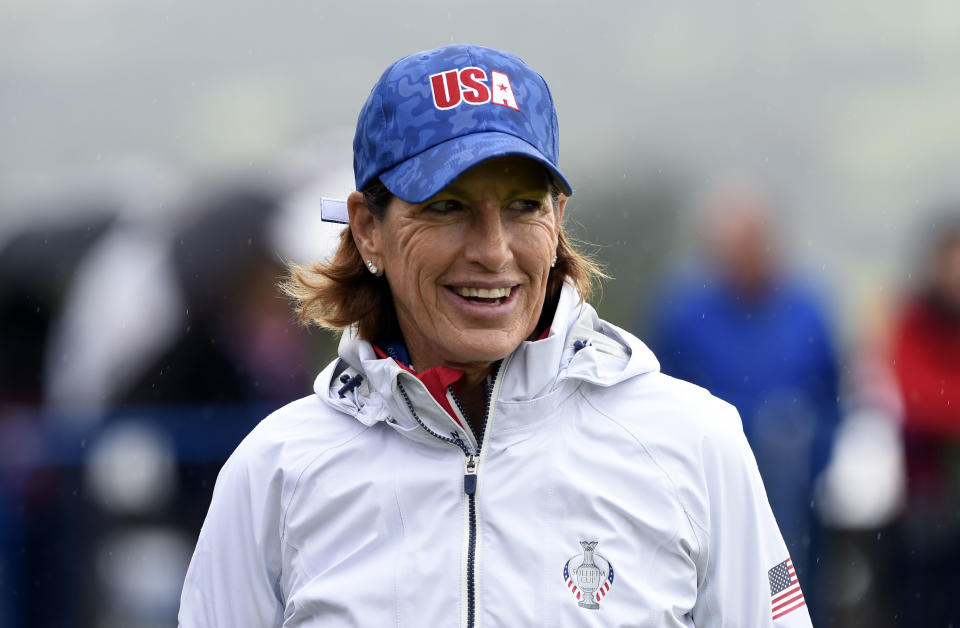 Team USA captain Juli Inkster during the preview day ahead of the 2019 Solheim Cup at Gleneagles Golf Club, Scotland, Monday Sept. 9, 2019. (Ian Rutherford/PA via AP)