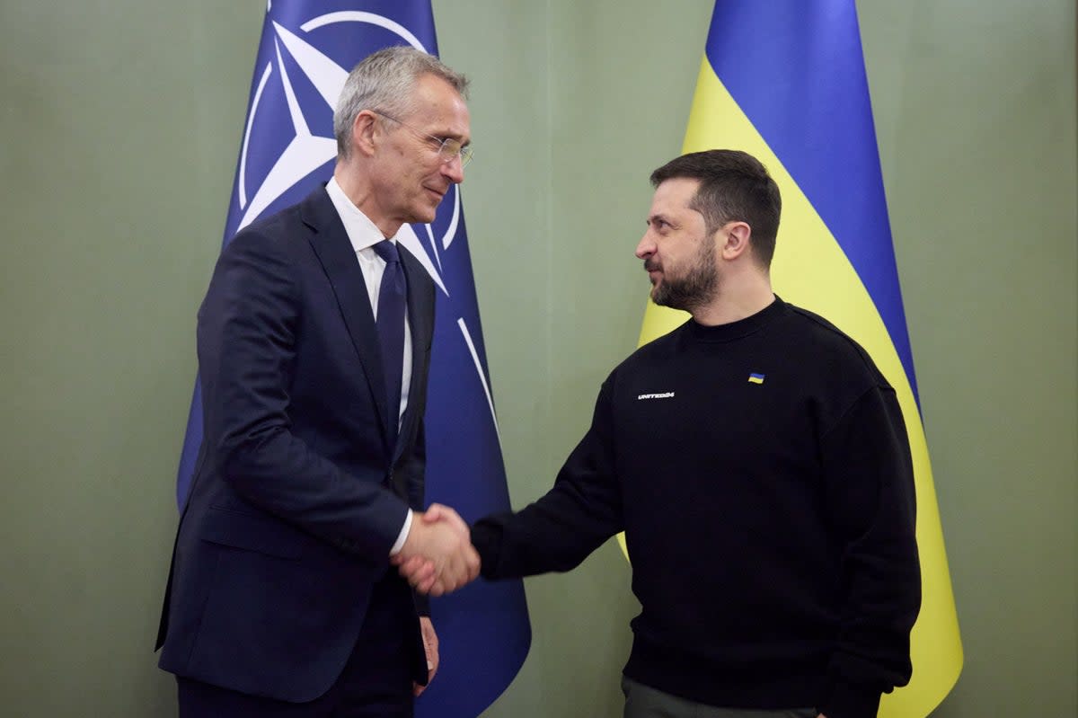 Ukraine's President Volodymyr Zelensky and Nato Secretary-General Jens Stoltenberg shake hands (via REUTERS)