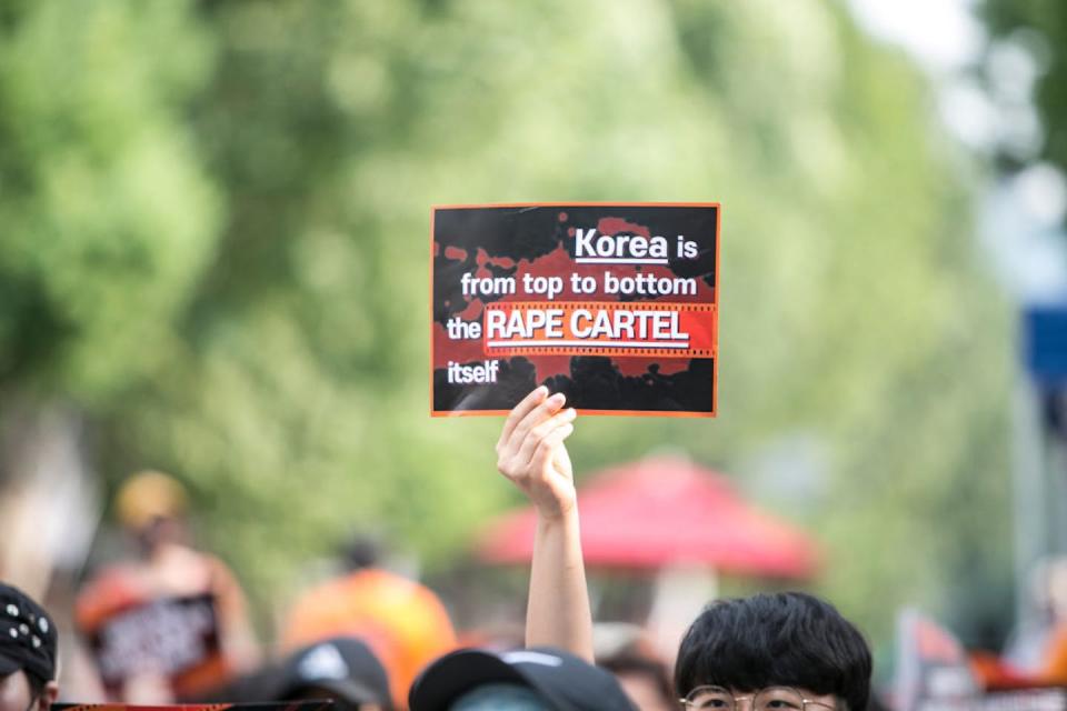 Protests erupted in Seoul in July 2019 after women were drugged and sexually abused at a popular nightclub partly owned by the K-Pop star Seungri. <a href="https://www.gettyimages.com/detail/news-photo/feminists-chant-slogans-as-they-hold-signs-that-read-korea-news-photo/1157943309?adppopup=true" rel="nofollow noopener" target="_blank" data-ylk="slk:Jean Chung/Getty Images;elm:context_link;itc:0;sec:content-canvas" class="link ">Jean Chung/Getty Images</a>