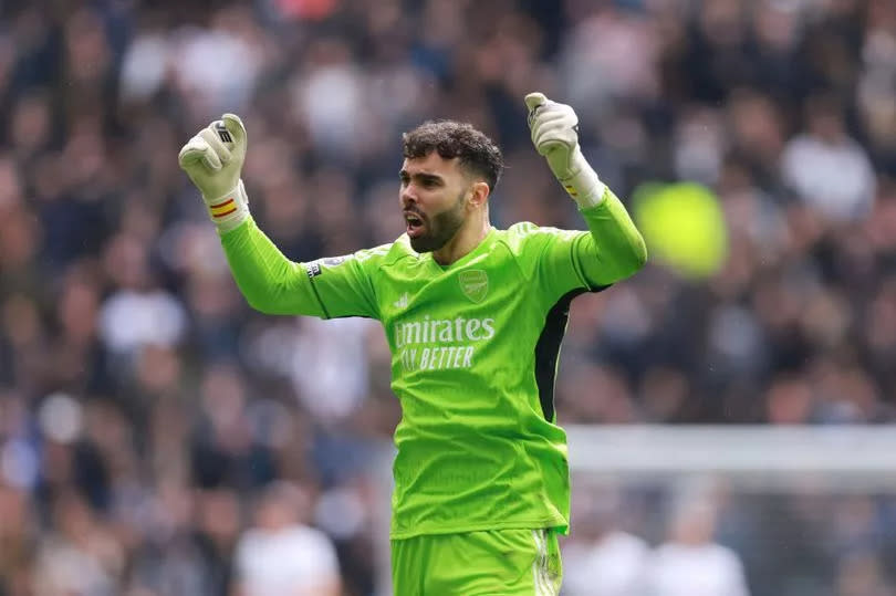 David Raya of Arsenal celebrates during the Premier League match between Tottenham Hotspur and Arsenal FC