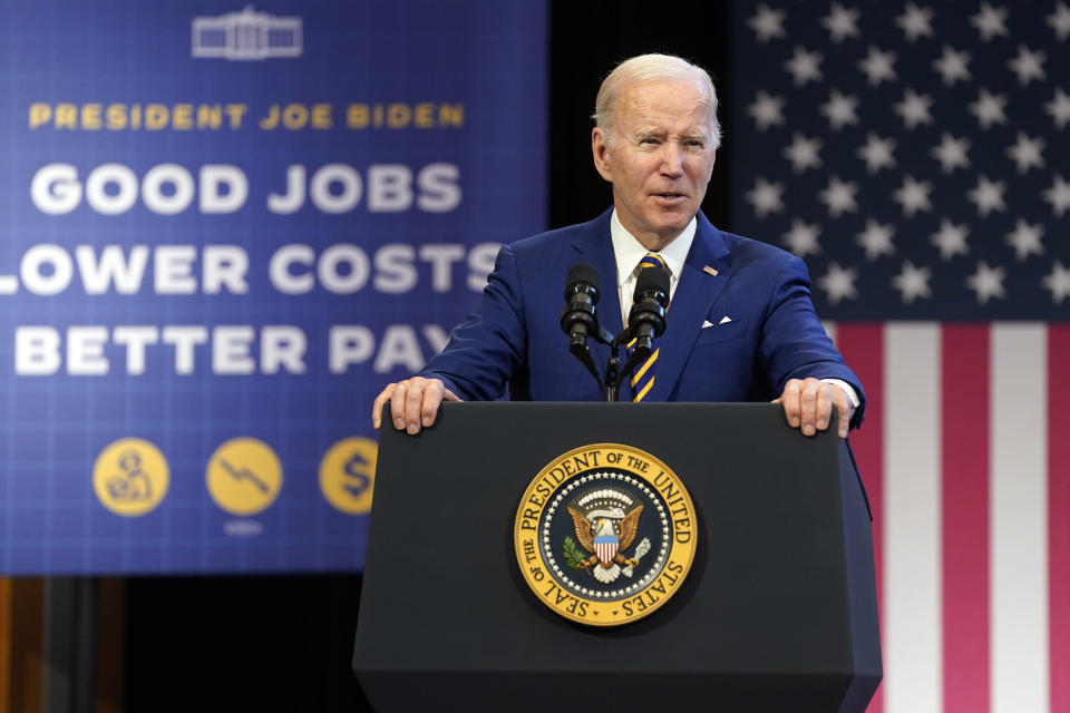 FILE - President Joe Biden speaks about the economy to union members at the IBEW Local Union 26, Feb. 15, 2023, in Lanham, Md. Biden likes to say he's the most pro-union president in U.S. history. When he announces his expected reelection campaign in the coming weeks, he'll get the chance to prove it to his own staffers. Workers on his 2024 campaign will be unionized, political allies say, making Biden the first president to run a reelection campaign with staff represented by a union. (AP Photo/Evan Vucci, File)