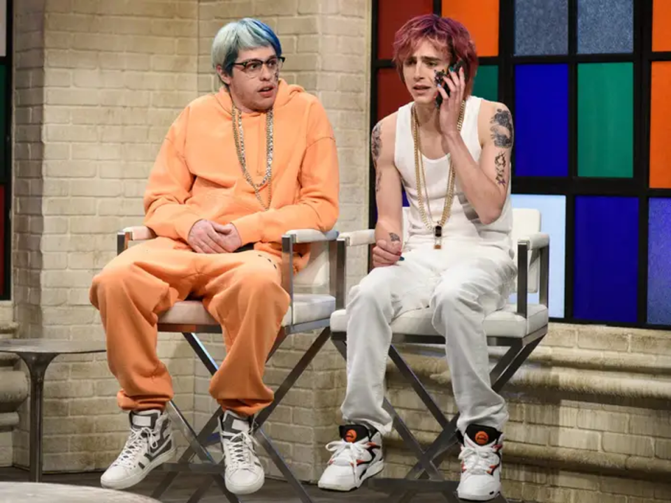 Timothee Chalamet and Pete Davidson in the 2020 Rap Roundtable sketch (NBC/Getty Images)
