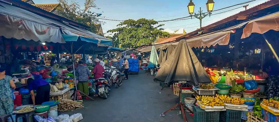 View of stalls at a market in Hoi An, Vietnam