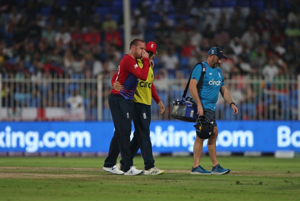 Jason Roy, left, had to be helped off the field as he retired hurt in England’s defeat to South Africa on Saturday (Aijaz Rahi/AP/PA) (AP)