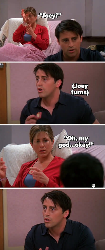 Friends was so good at cliffhangers like this, but this one was just...too far. In no world would Rachel think Joey was proposing. And then later, they actually get together??? It's the most random couple ever and they had NO chemistry. It felt like the show was running out of ideas at that point — and ways to keep Ross and Rachel apart.