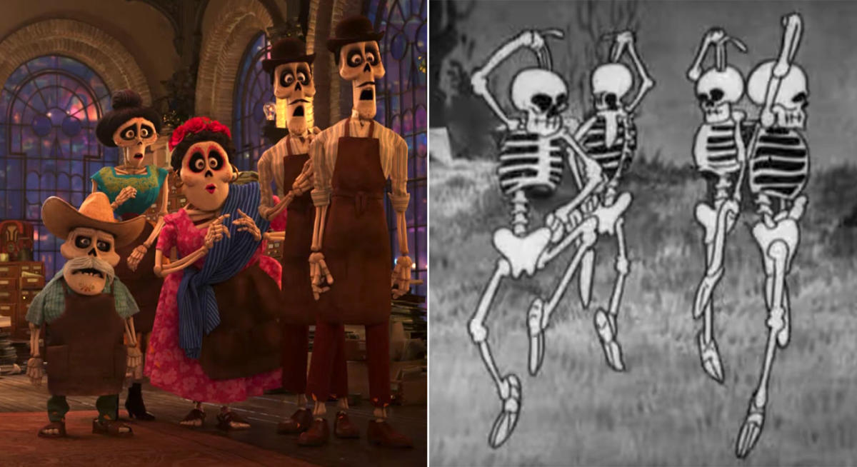 cartoon dancing mexican skeletons