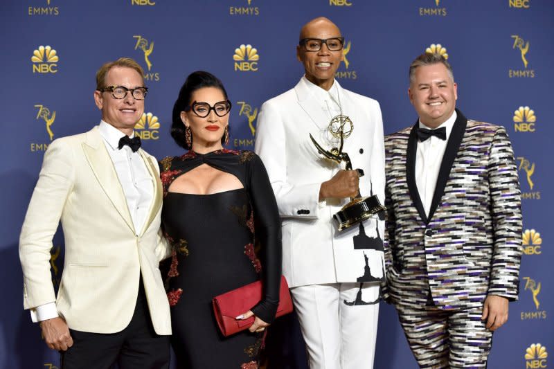 Carson Kressley, Michelle Visage, RuPaul and Ross Mathews, from left to right, attend the Primetime Emmy Awards in 2018. File Photo by Christine Chew/UPI