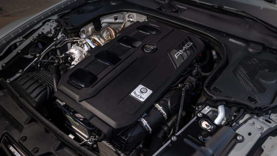 The 375 hp, four-cylinder engine inside the 2023 Mercedes-AMG SL 43.