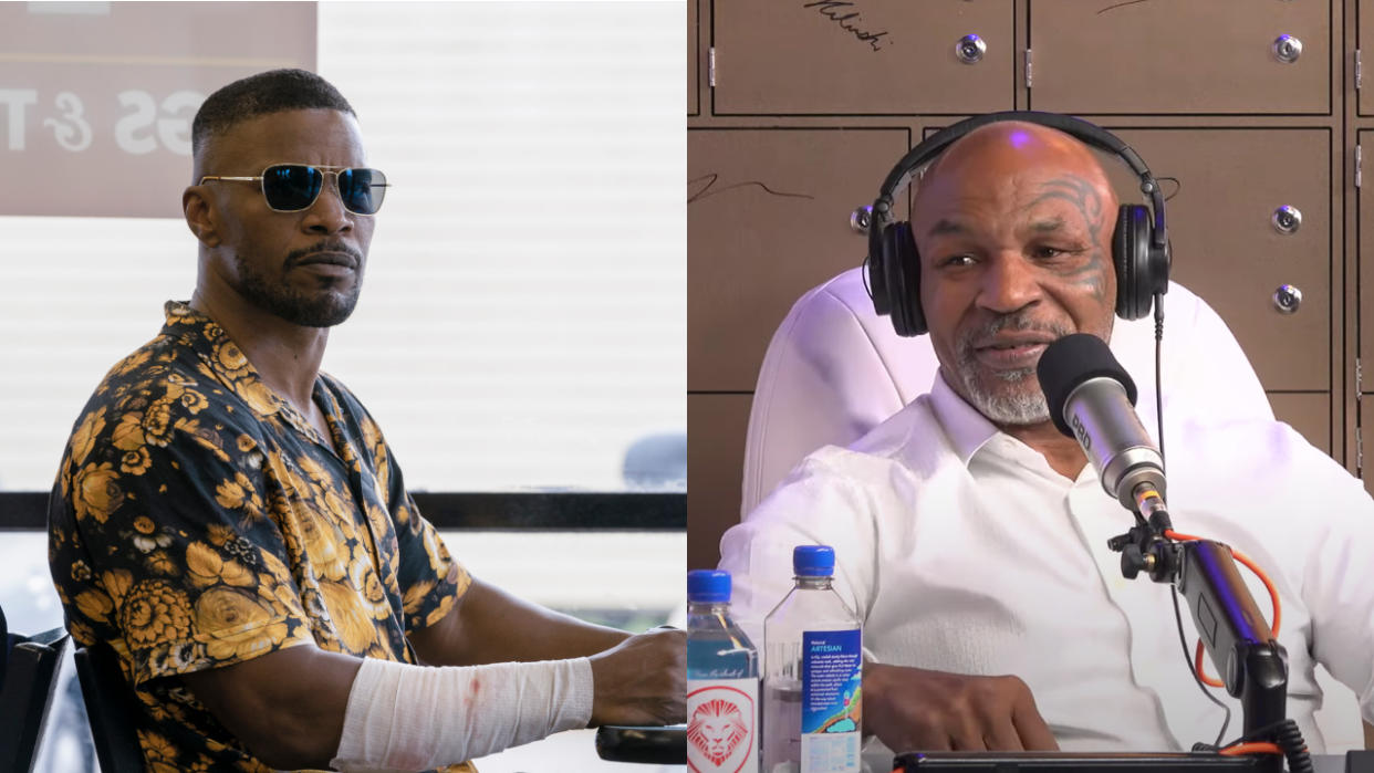  Jamie Foxx sits in a diner in Project Power and Mike Tyson sits speaking on the PBD Podcast, pictured side by side.  