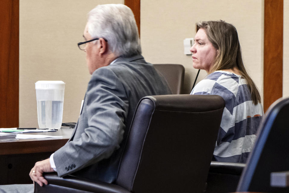 CORRECTS SENTENCE TO UP TO 30 YEARS, NOT 60 YEARS - Defendant Jodi Hildebrandt looks on during court Tuesday, Feb. 20, 2024, in St. George, Utah. Hildebrandt, a Utah mental health counselor who had been hired to work with Rudy Franke's youngest son before going into business with Franke, received a prison sentence of up to 30 years, due to a Utah state law that caps the sentence duration for consecutive penalties. Franke and Hildebrandt had each pleaded guilty to four counts of aggravated child abuse for trying to convince Franke’s two youngest children that they were evil, possessed and needed to be punished to repent. (Sheldon Demke/St. George News via AP, Pool)