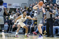 St. Bonaventure guard Jalen Adaway (33) guards Northern Iowa guard Nate Heise (0) during the first half of an NCAA college basketball game, Saturday, Nov. 27, 2021, in Olean, N.Y. (AP Photo/Bryan Bennett)