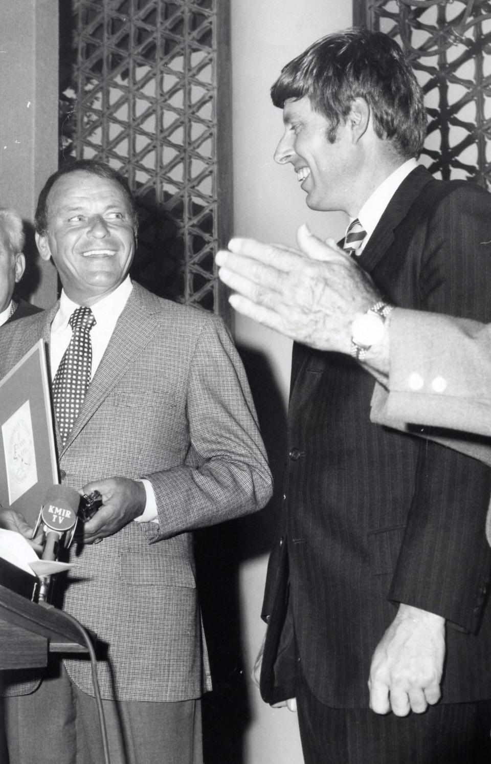 Frank Sinatra receives honorary Cathedral City Mayorship on May 30, 1972, from United States Senator John Tunney, a longtime friend of both the singer and the Kennedy family