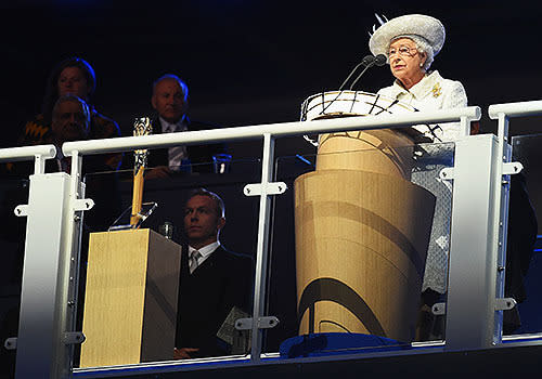 Queen Elizabeth II, Patron of the CGF speaks during the Opening Ceremony.