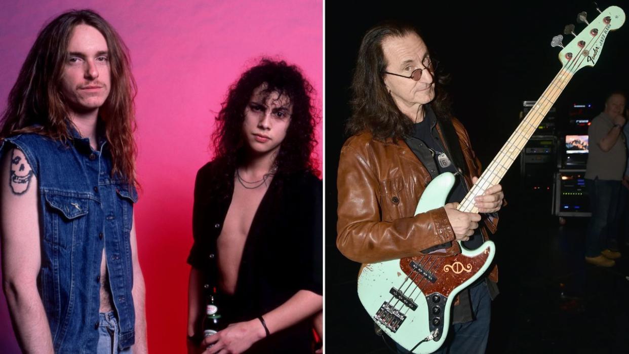  Bass guitarist Cliff Burton (1962-1986) and guitarist Kirk Hammett pose for a studio portrait during the Damage, Inc. Tour on April 4, 1986. Geddy Lee of Rush attends the 32nd Annual Rock & Roll Hall Of Fame Induction Ceremony at Barclays Center on April 7, 2017. 