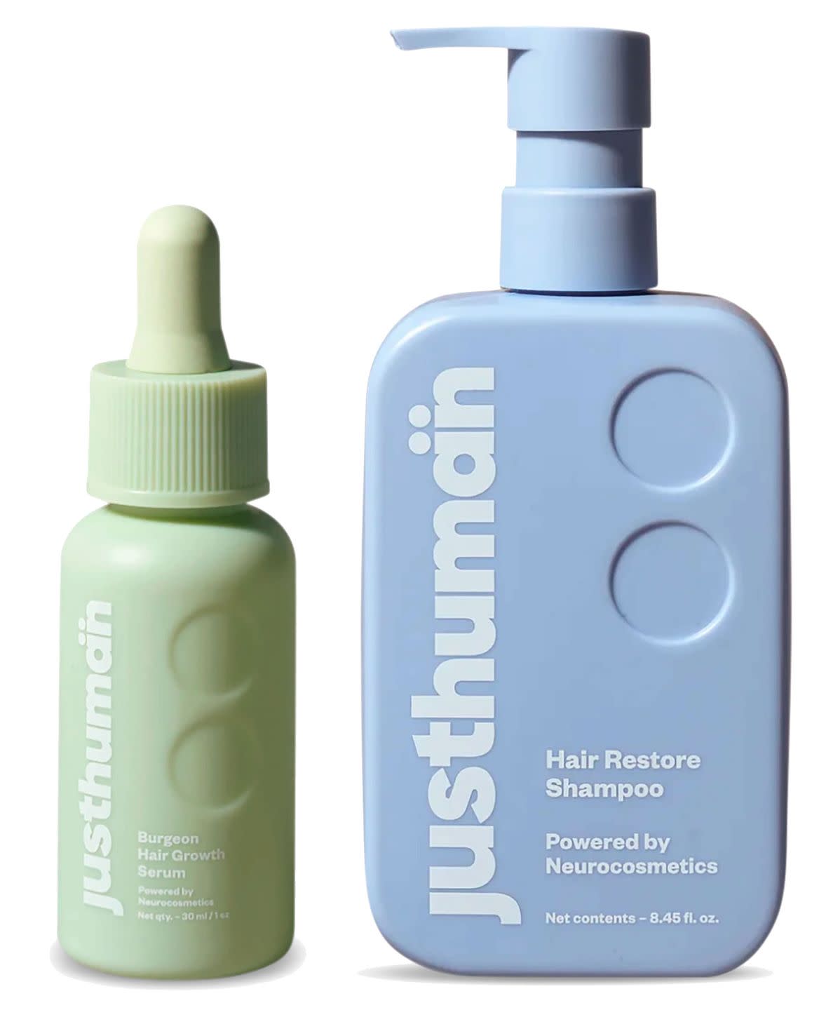 a green and a blue bottle of shampoo and serum