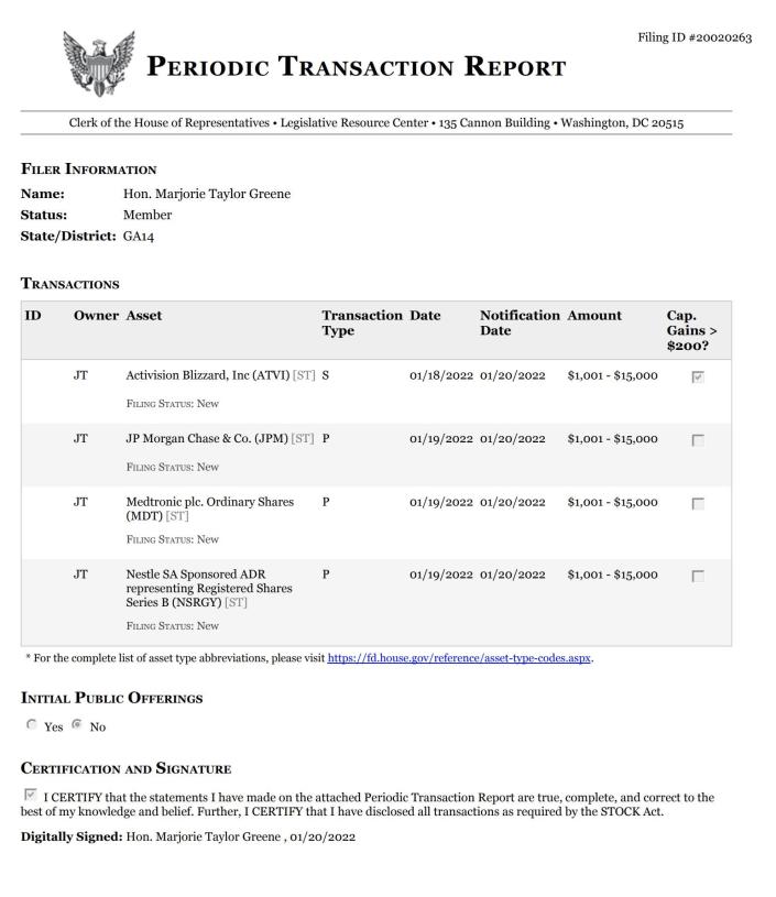 US House financial disclosure form for Marjorie Taylor Greene, a Republican from Georgia